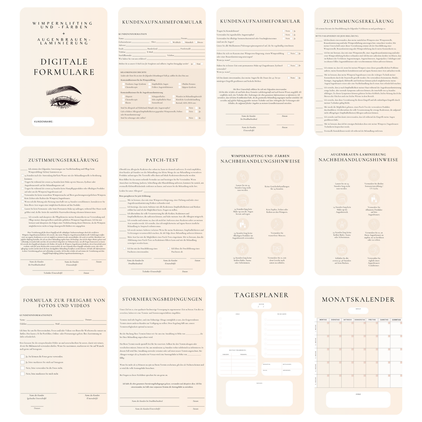 Wimpernlifting und -färben & Augenbrauenlaminierung Digitales Formularpaket